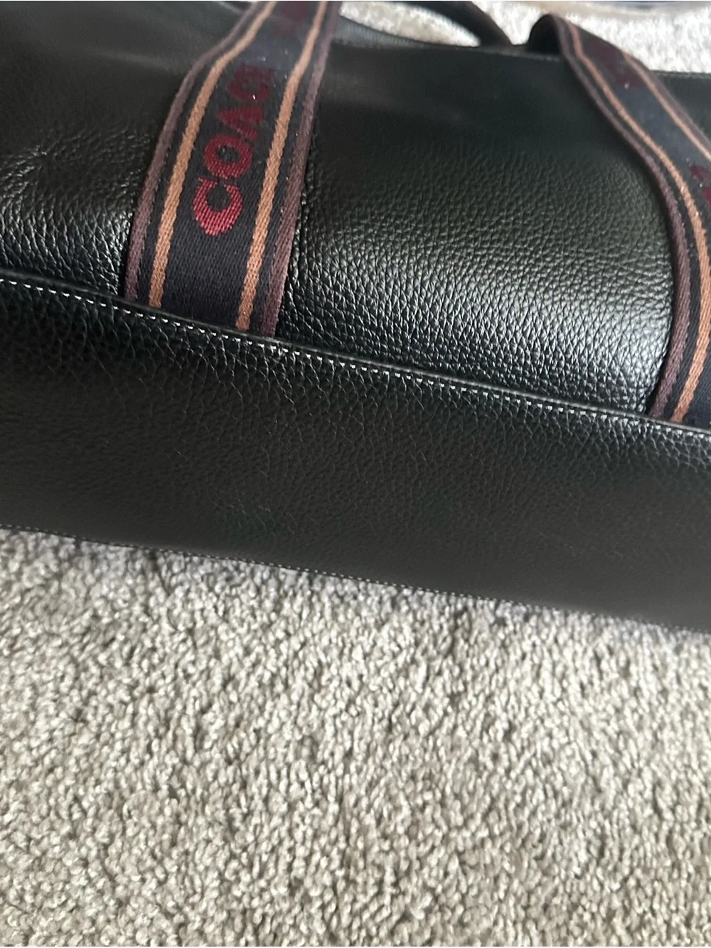 Coach Black Leather Messenger with Brown and Red Branded Web Straps